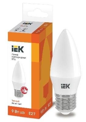 Лампа светодиодная ECO C35 9Вт свеча 3000К E27 230В IEK LLE-C35-9-230-30-E27