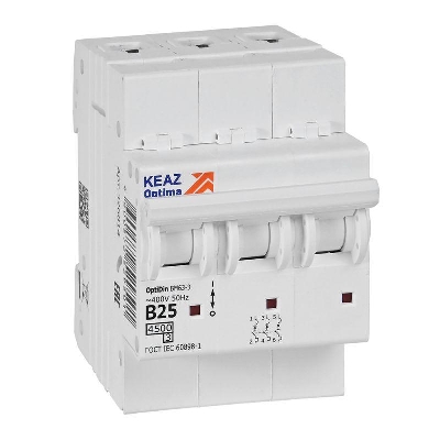 Выключатель автоматический модульный 3п B 25А 10кА OptiDin BM63-3B25-4.5-УХЛ3 КЭАЗ 329521