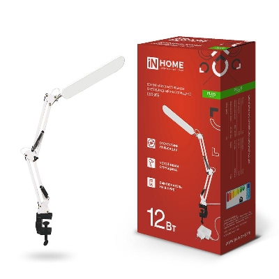 Светильник светодиодный настольный PLUS ССC-05Б 12Вт 6500К 500лм USB с адаптером на струбцине бел. IN HOME 4690612045337