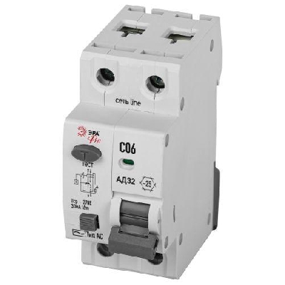 Выключатель автоматический дифференциального тока 2п (1P+N) C 06А 30мА тип AC 4.5кА АД-32 электрон. защита 230В PRO D32E2C06AC30P Эра Б0057364