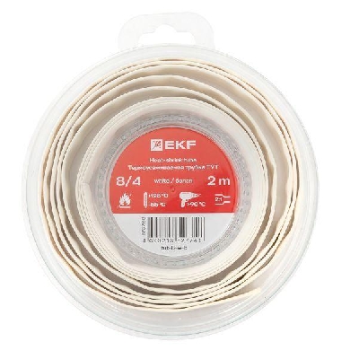 Трубка термоусадочная ТУТ нг 8/4 бел. ролик 2 м EKF tut-8-w-b